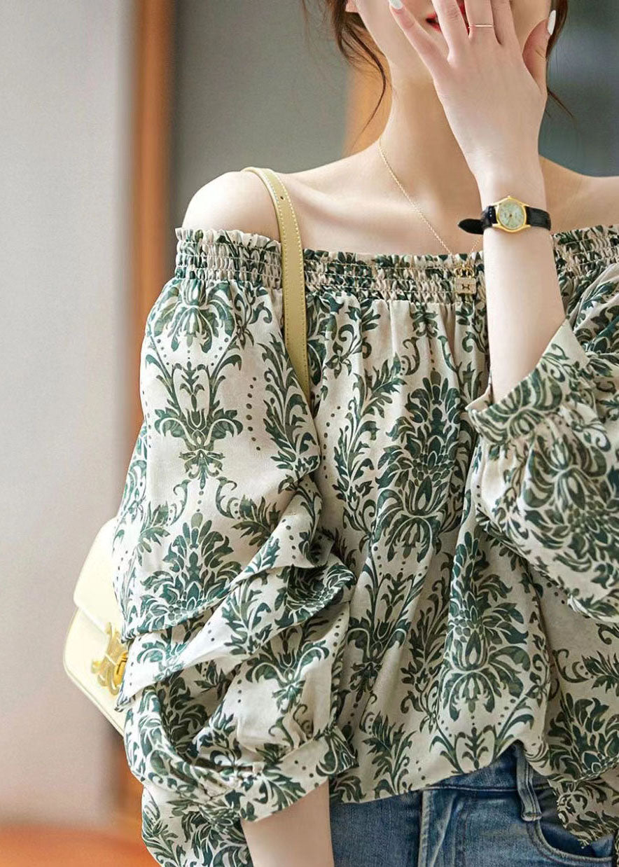 Green Slash Neck Print Patchwork Chiffon Shirt Tops Summer