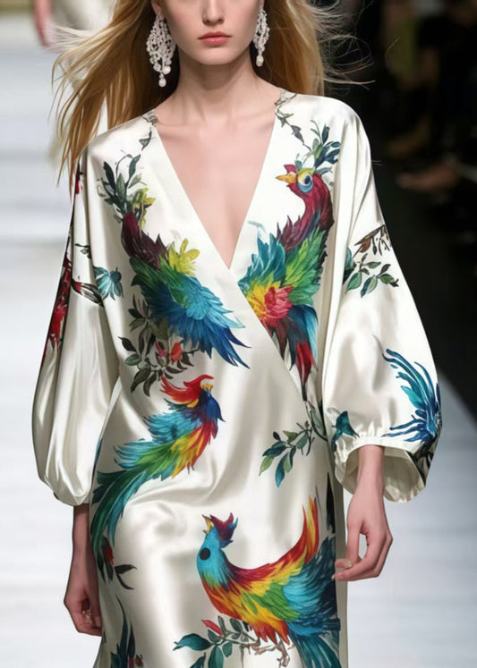 V Neck Phoenix Print Silk Work Dress Bracelet Sleeve