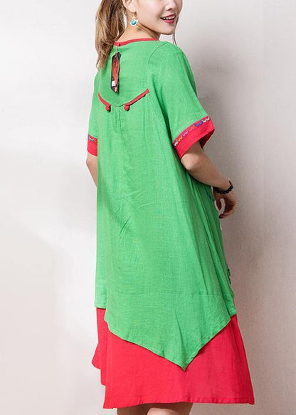 O Neck Patchwork Cotton Linen Quilting Dresses Inspiration Green Embroidery Dress Summer