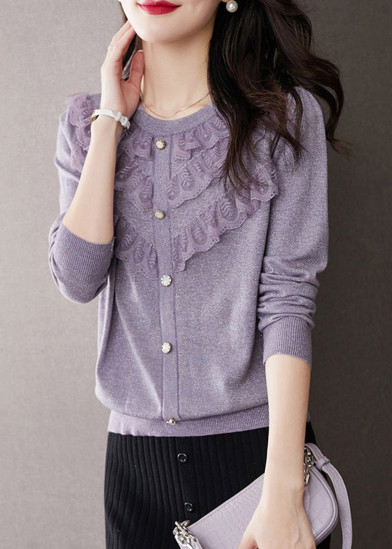 Purple O Neck Ruffled Patchwork Knit Tops Fall
