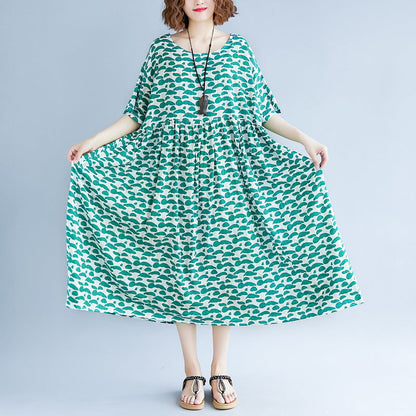 Boutique Green Cotton Linen Dresses Clothing Short Sleeve Baggy Dresses Boutique O Neck Linen Cotton Dress