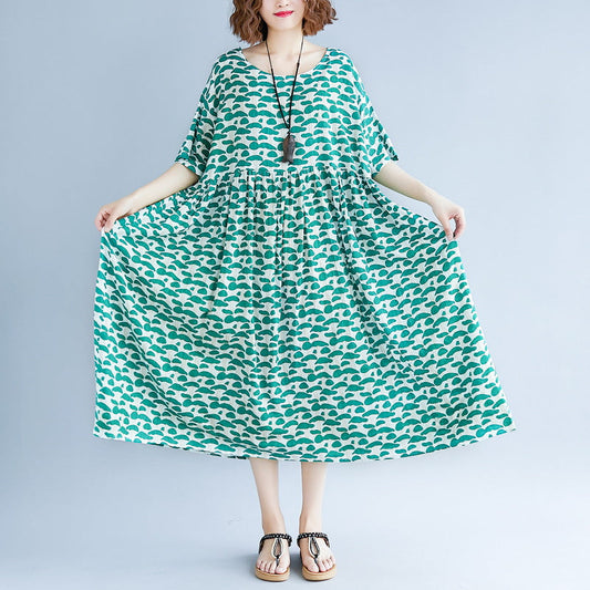 Boutique Green Cotton Linen Dresses Clothing Short Sleeve Baggy Dresses Boutique O Neck Linen Cotton Dress