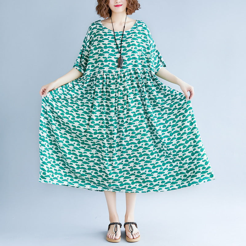 Boutique Green Cotton Linen Dresses Clothing Short Sleeve Baggy Dresses Boutique O Neck Linen Cotton Dress