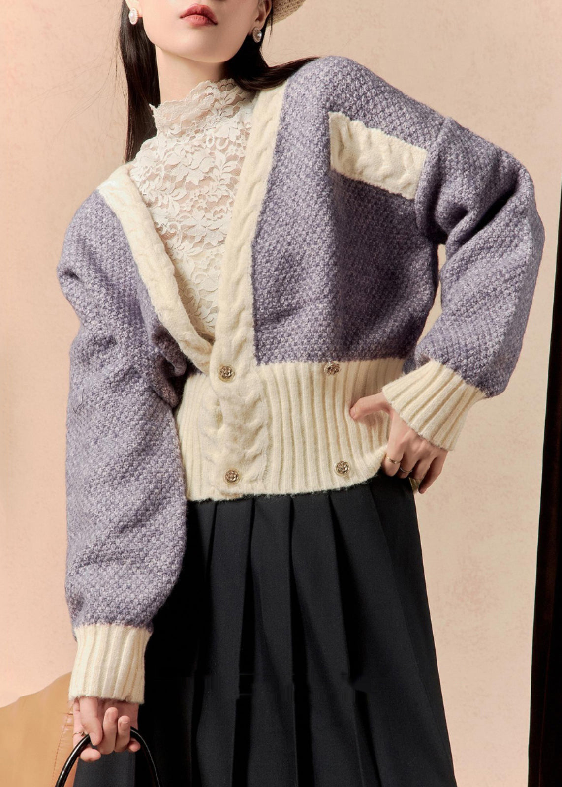 Purple V Neck Button Patchwork Knit Cardigan Winter