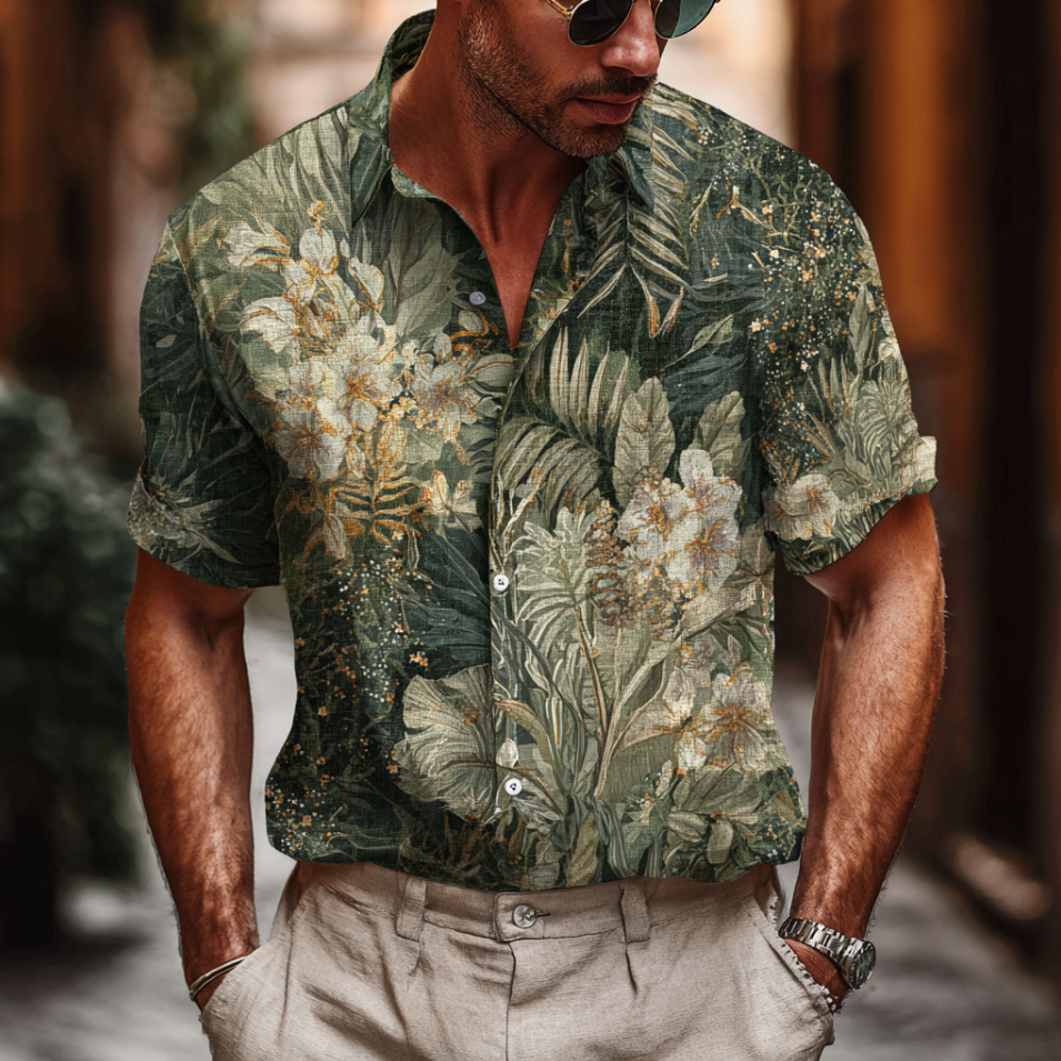 Bohemian Style Plant And Flower Pattern Men's Retro Cotton And Linen Shirt elevenforest