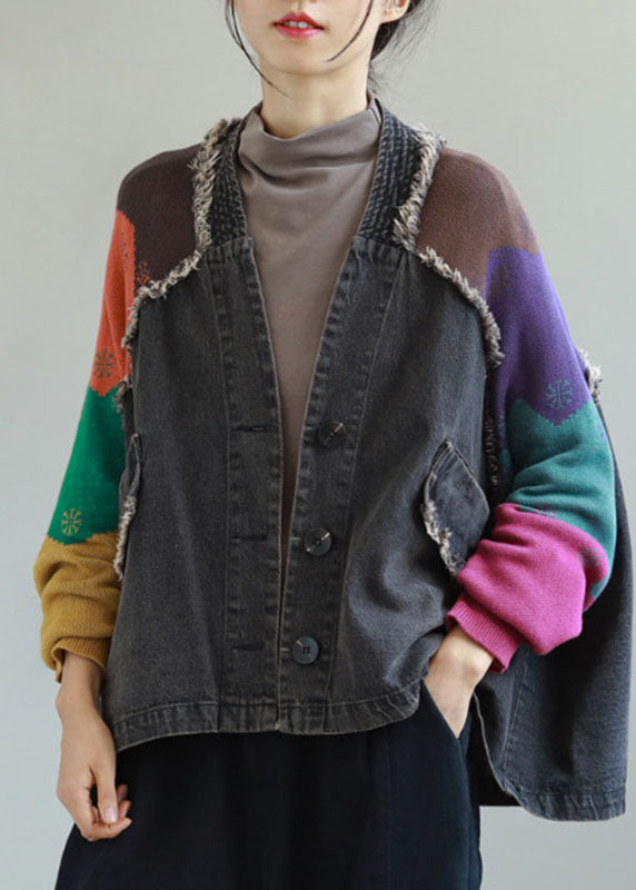 Unique Blue Denim Patchwork Knit Pockets Button Fall Coat Long Sleeve