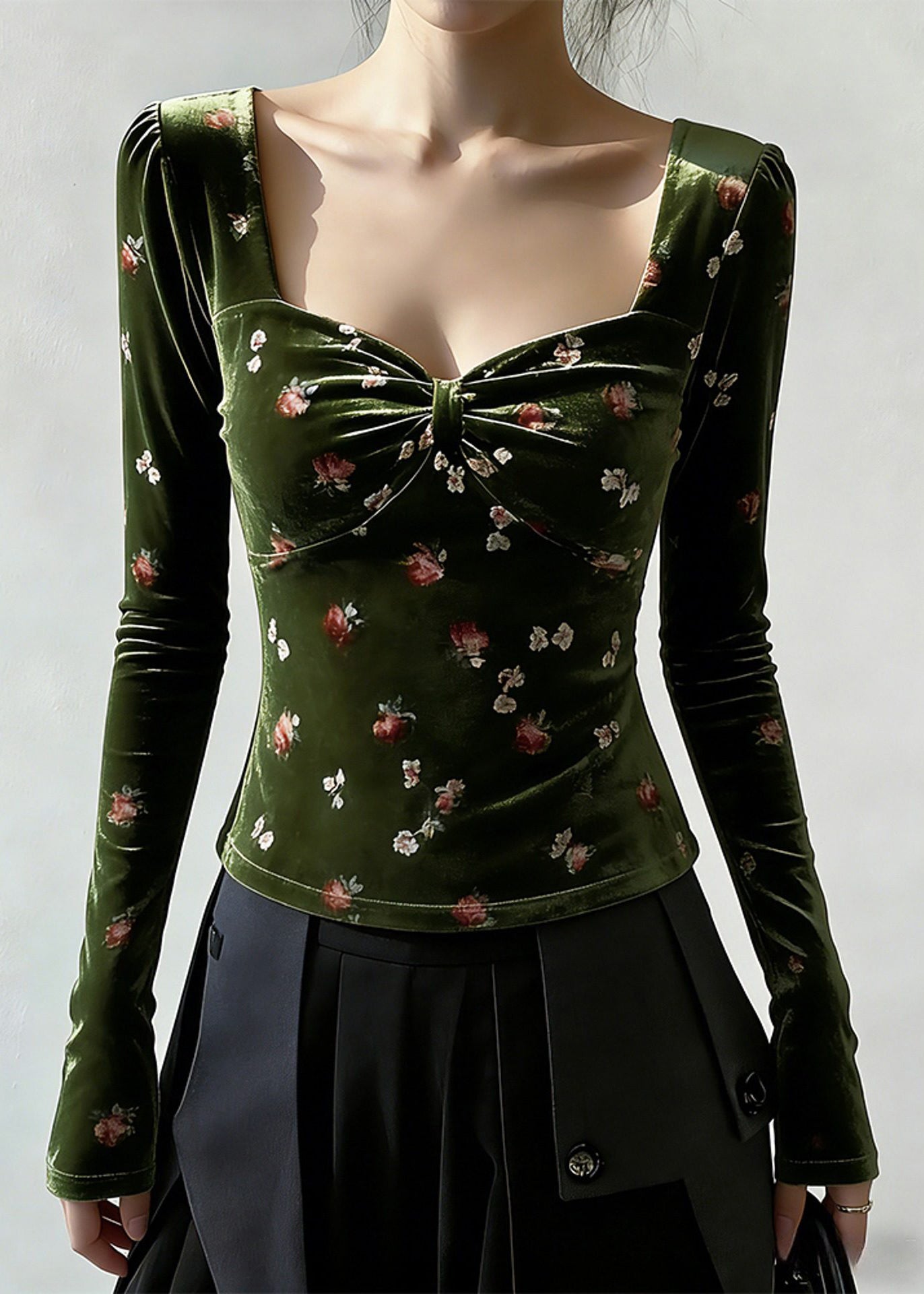 Slim Fit Green Square Collar Print Silk Velour T Shirt Spring