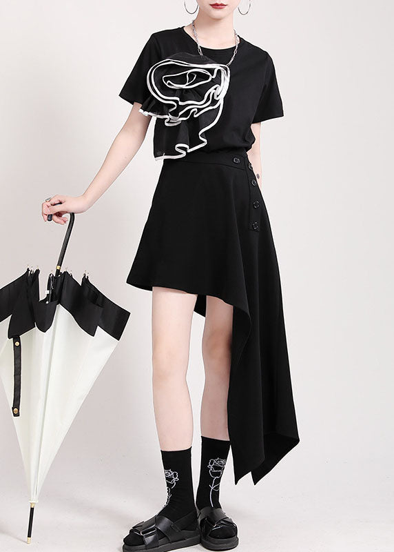 Style Black Button Asymmetrical Cotton Skirts Spring