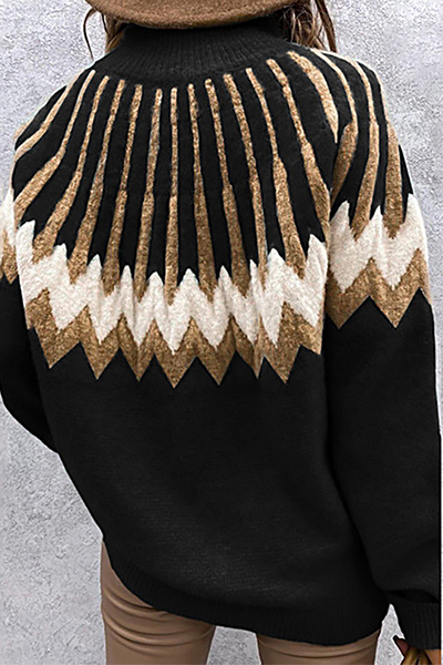 Geometric Patchwork Contrast Turtleneck Tops(4 Colors)