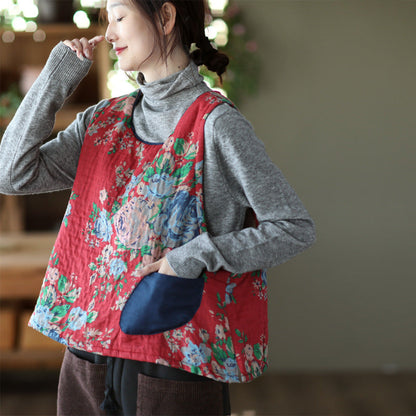 -print Cotton and Linen Quilted Vest