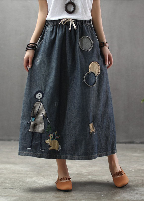 Light Blue Elastic Waist Patchwork Cartoon Embroideried Tulle Denim Skirts Spring