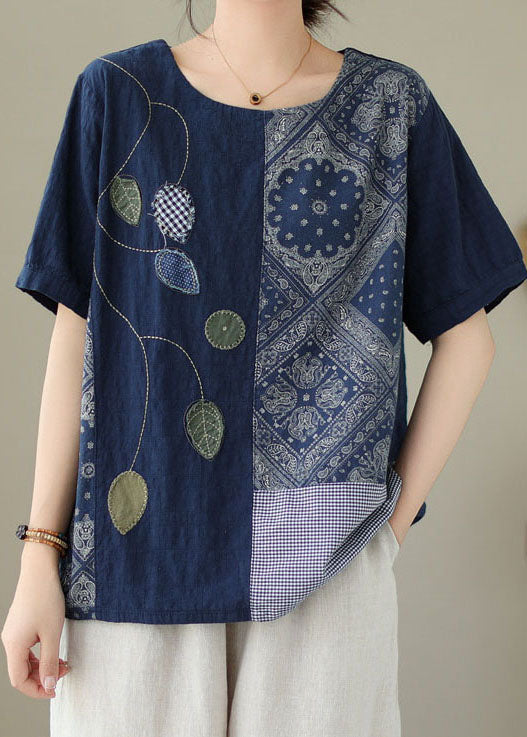 Navy Embroidered Print Patchwork Cotton T Shirt Tops Summer