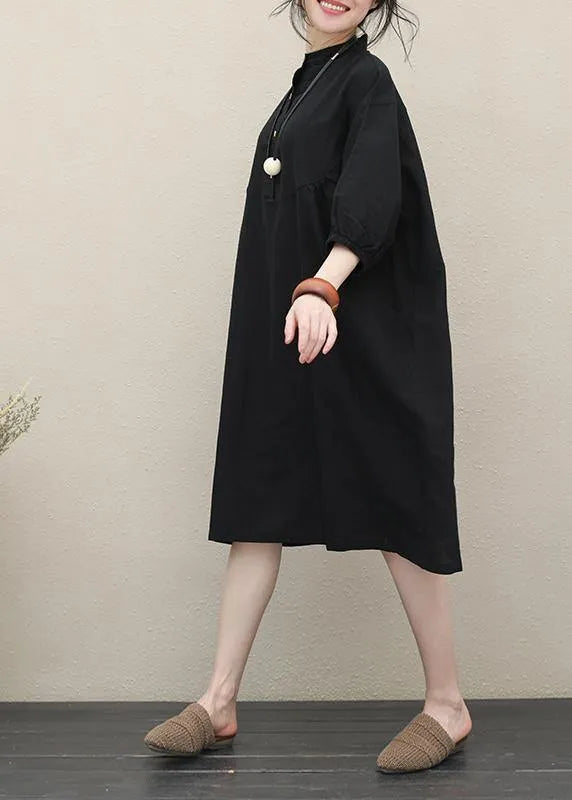 Art Stand Collar Batwing Sleeve Linen Summer Outfit Photography Black Dress