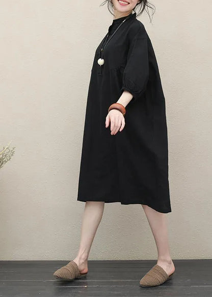 Art Stand Collar Batwing Sleeve Linen Summer Outfit Photography Black Dress