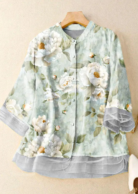 Yellow Stand Collar Embroidered Patchwork Cotton Shirts Bracelet Sleeve