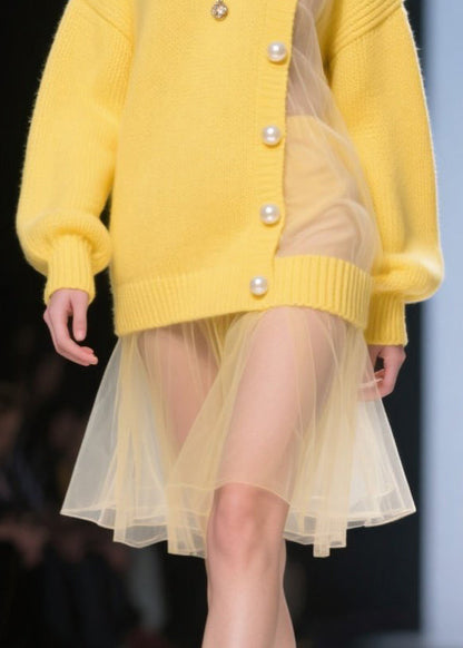 Fine Yellow Big Pearl Patchwork Tulle Knitted Dress Winter