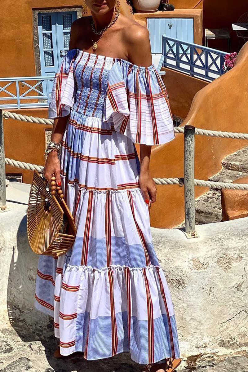 Print Patchwork Off the Shoulder Cake Dresses(3 Colors)