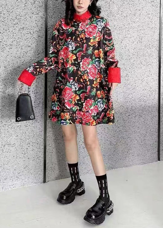 Original Design Black Mandarin Collar Print Cotton Mini Dress Spring