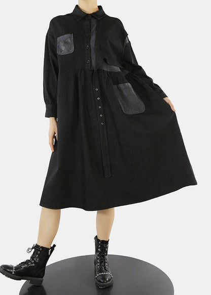 Style Black Asymmetrical Design Cinched Peter Pan Collar Denim Dress