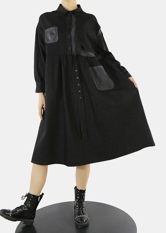 Style Black Asymmetrical Design Cinched Peter Pan Collar Denim Dress