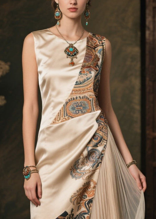 Champagne Asymmetrical Patchwork Print Silk Dresses Sleeveless
