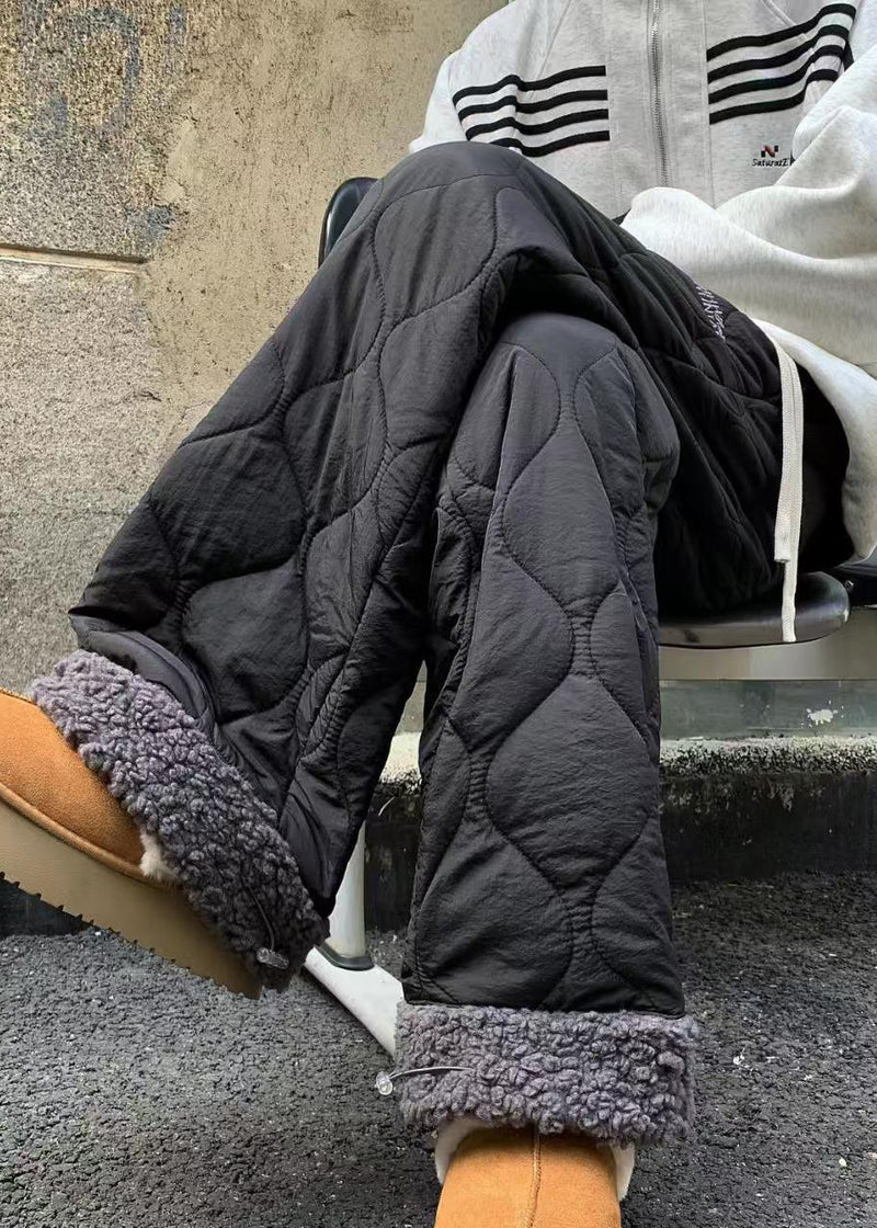 New Black Pockets Patchwork Warm Fleece Pants Winter