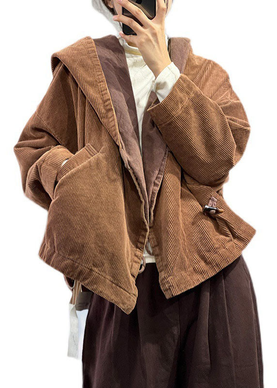 Coffee Hooded Oversized Pockets Corduroy Coat Spring