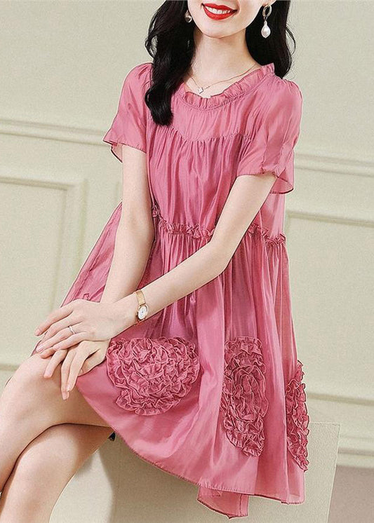 Red Ruffled Chiffon Mid Dresses Short Sleev
