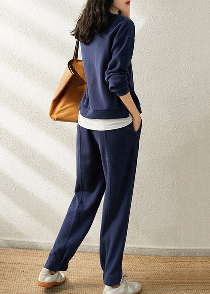 Simple Blue O-neck Patchwork Tops and Pants Cotton Two Pieces Set Fall