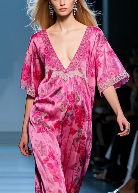 Unique Rose V Neck Patchwork Lace Vacation Dresses Summer