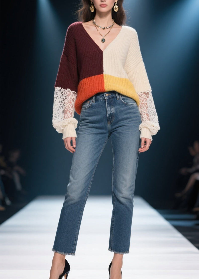 Colorblock V Neck Lace Patchwork Knit Sweater Fall