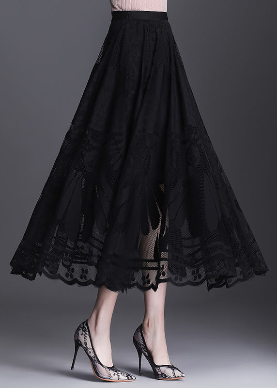 Black High Waist Lace Patchwork Hollow Out Tulle Maxi Skirt Spring