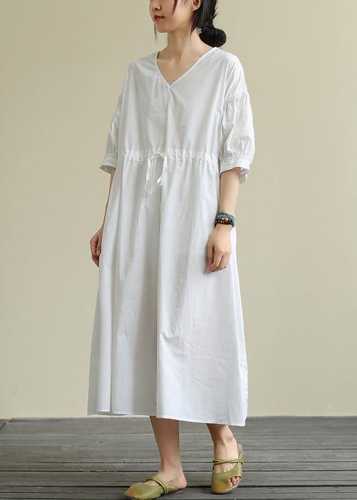 100% White Cotton Tunic Pattern V Neck Drawstring Maxi Dress