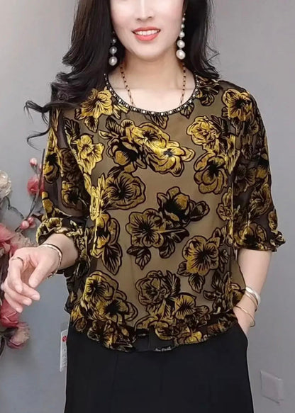 Black O Neck Loose Silk Velour T Shirts Bracelet Sleeve