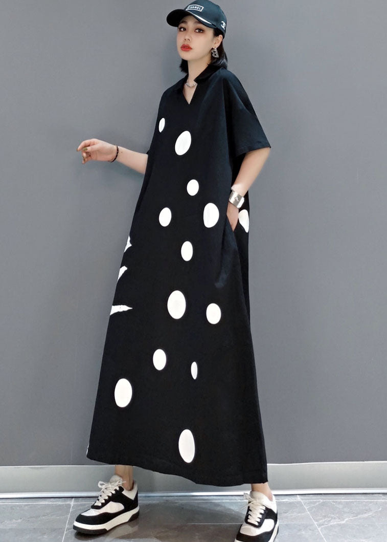 Black V Neck Dot a Line Skirts Half Sleeve