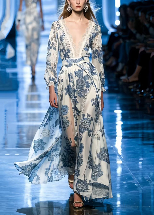 Blue Print Draping Silk Vacation Dresses Summer