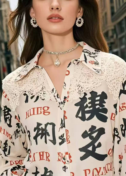 Apricot Print Patchwork Lace Shirt Top Spring