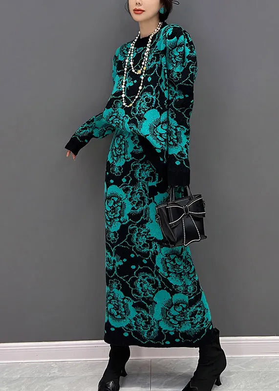 Green O-neck Print Top and Maxi Skirts Two Piece Set Fall