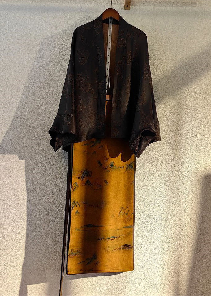 Chinese Style Black Tops and Skirts Patchwork Silk Two Pieces Set Fall