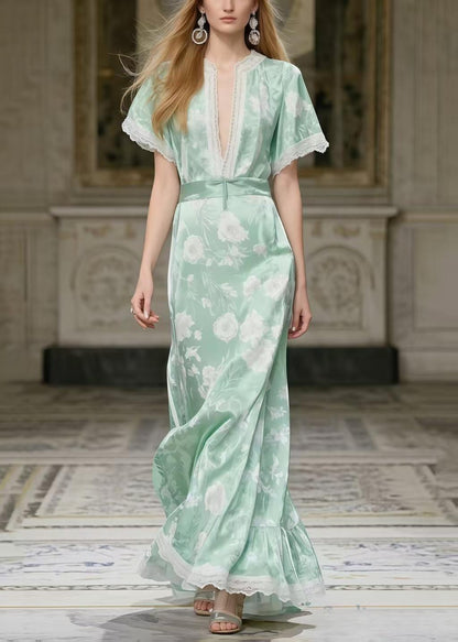 Art Light Green Print Patchwork Lace Party Dress Summer