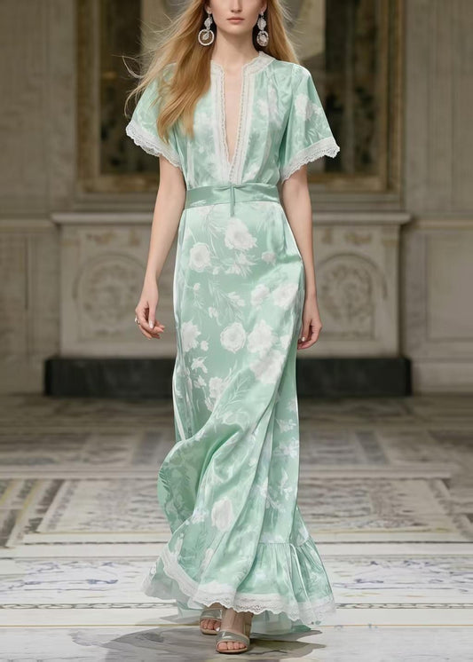 Art Light Green Print Patchwork Lace Party Dress Summer