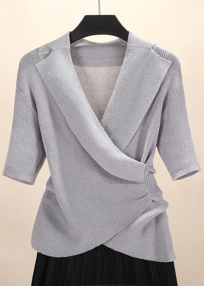 Cozy Grey Asymmetrical Knit Top Short Sleeve