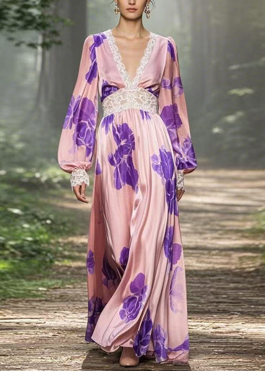 Pink V Neck Print Patchwork Silk Long Dress Spring
