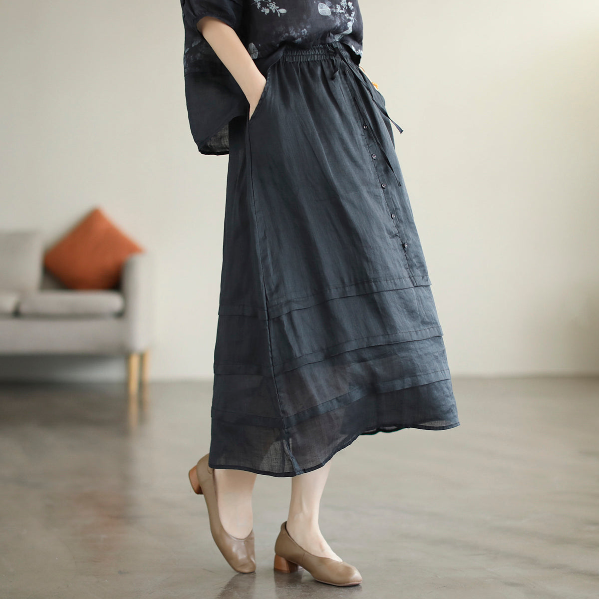 Retro A-line Cozy Patchwork Linen Skirt