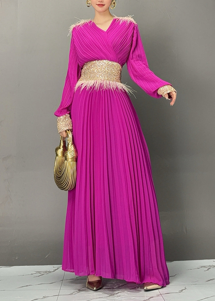 Purple V Neck Long Dresses Lantern Sleeve