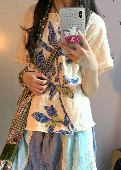 Beige Oversized Print Linen Tops Summer