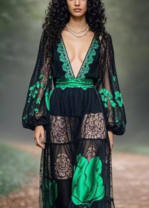 Black Print Original Design Chiffon Long Dress Spring