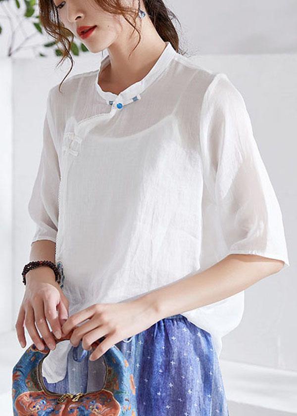White Oriental Embroideried Summer Ramie Blouses Half Sleeve