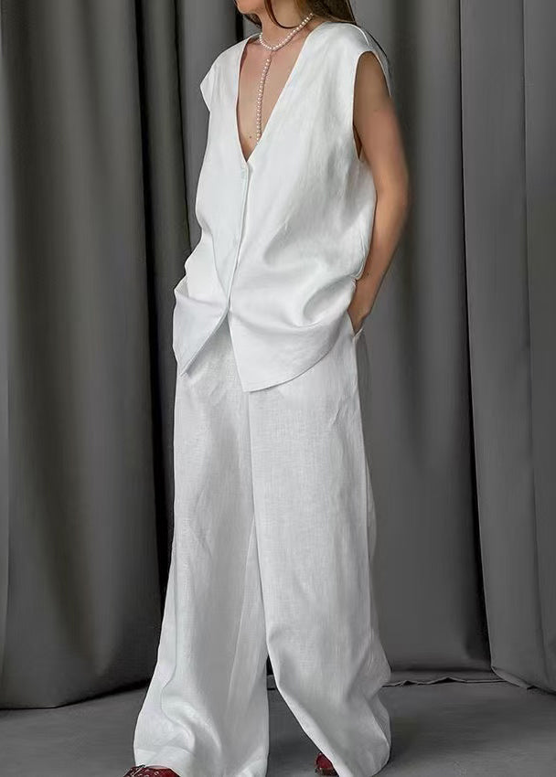 Art White Oversized Cotton Vests and Wide Leg Pants Two Piece Set Outfits Summer