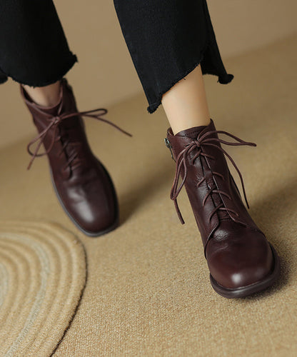 Brown Boots Chunky Cowhide Leather Splicing Cross Strap